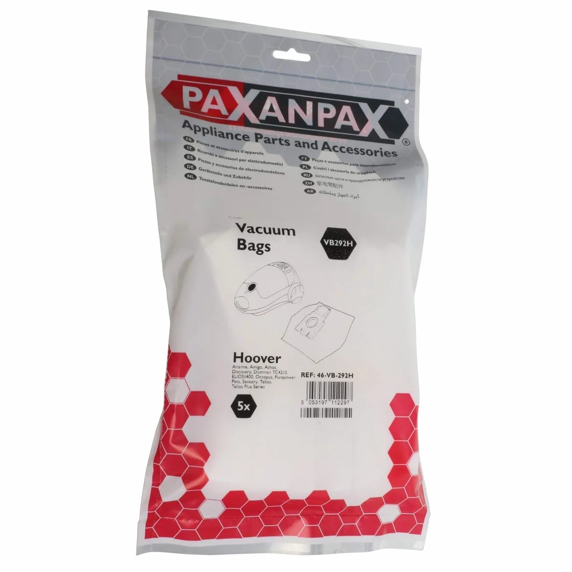 Paxanpax VB292H kompatybilne torby SMS Hoover 'H30S' Arianne, Amigo, Athos, Discovery, Dustman TC4210, Elios 1400, Octopus, Purepower Pets, Sensory, Telios Plus, 5 sztuk