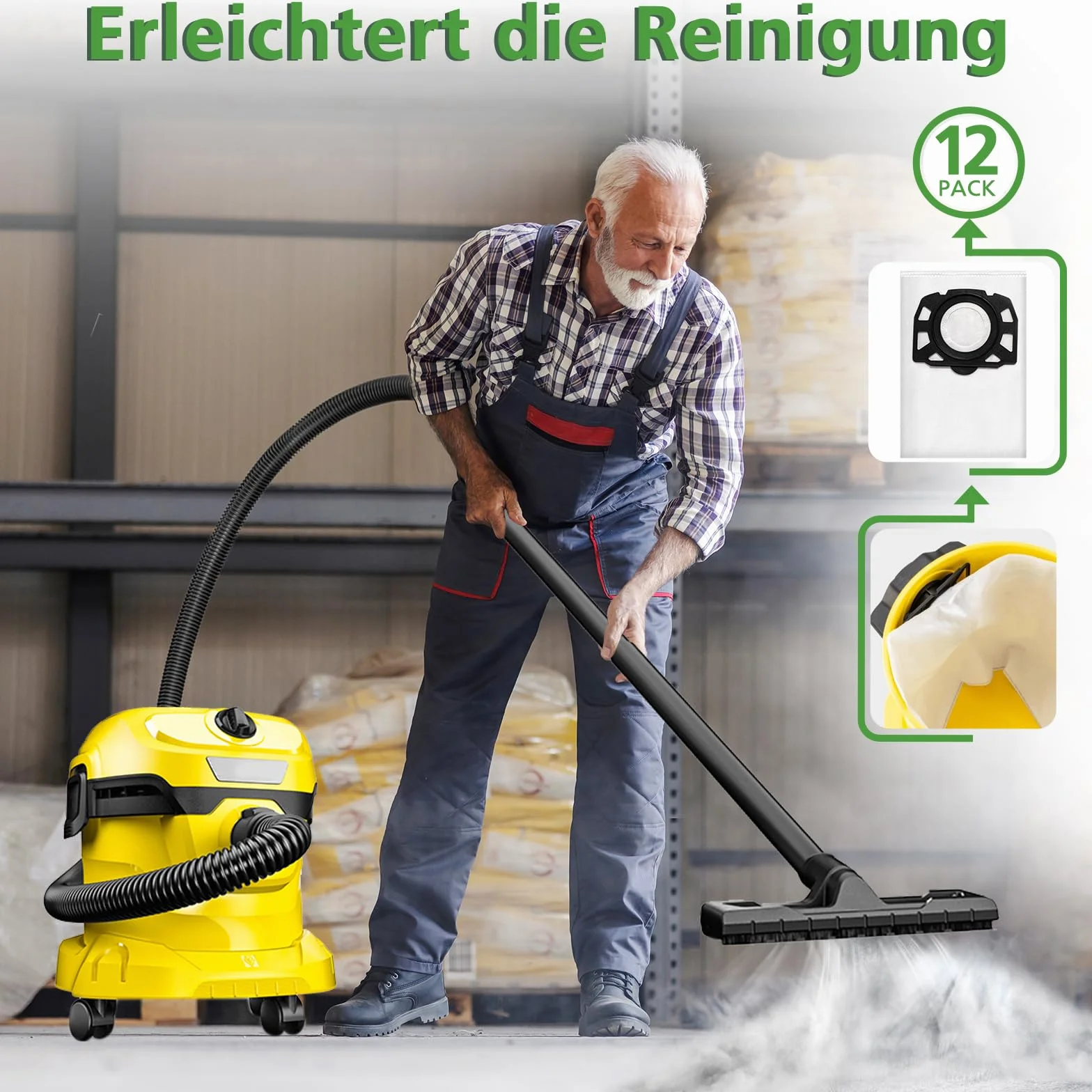 12 sztuk KFI 357 worków do odkurzacza Kärcher WD2Plus/WD3/KWD1 /KWD2/KWD3/MV3/WD3.200-WD3.800M/SE4001/SE4002, zastępuje 2.863-314.0, do odkurzaczy na mokro i sucho z osłoną z tworzywa sztucznego