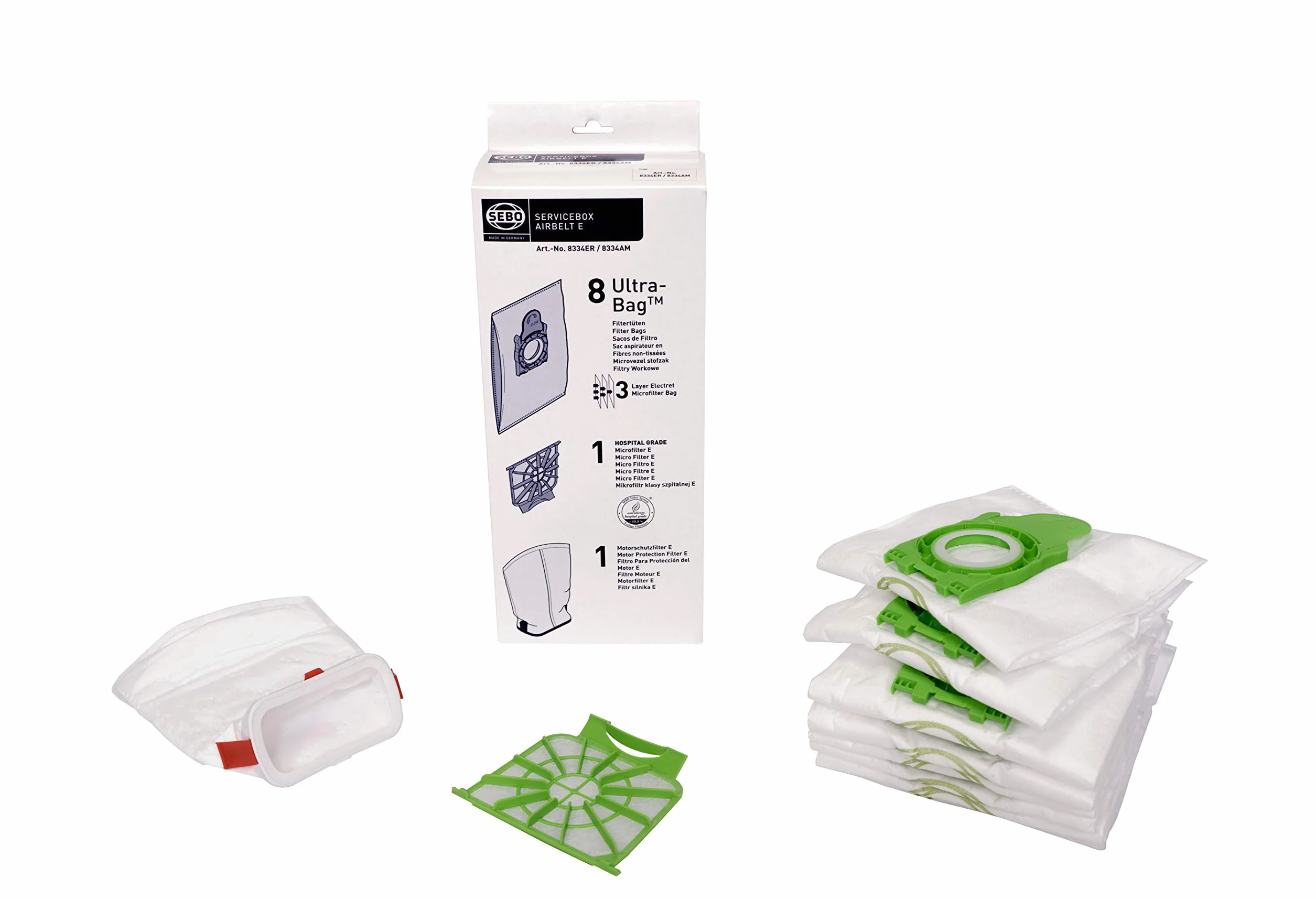 Sebo 8334 pudełko serwisowe do Airbelt E w zestawie 8 worków filtrujących Ultrabagg, 1 filtr poziomu Hospital-Grade i 1 filtr ochronny silnika biały