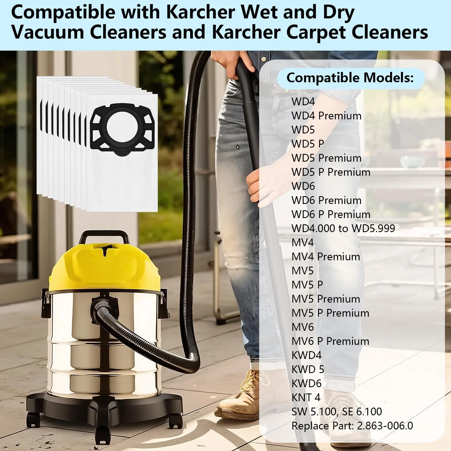 10 sztuk KFI 487 worki do odkurzacza Kärcher WD4 WD5 WD6 WD5P WD6P MV4 MV5 MV6 WD 4.000 do WD 5.999 SW 5.100 SE 6.100 Zastępuje 2.863-006.0 worki do odkurzacza na mokro