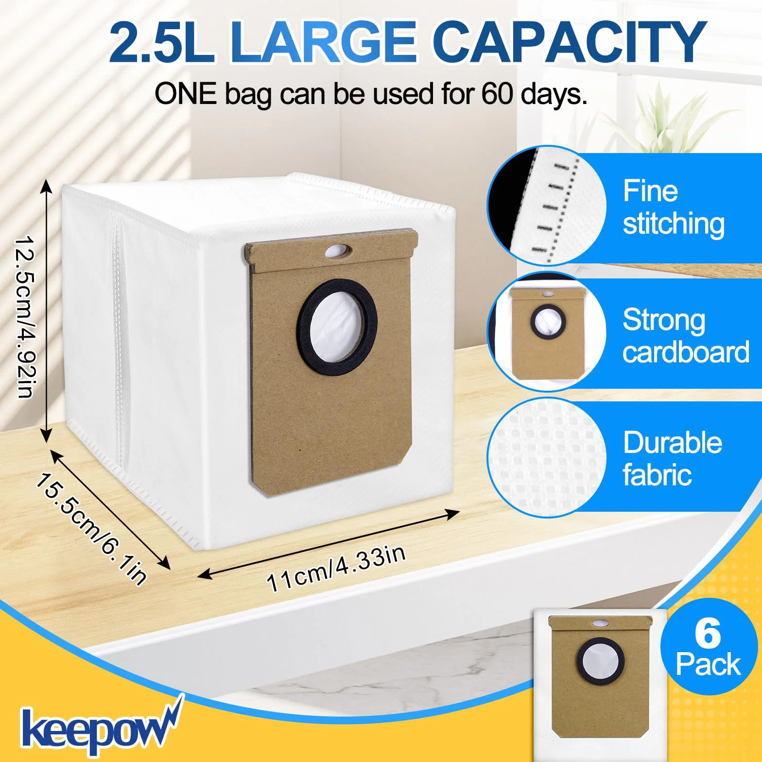 KEEPOW 6 sztuk do odkurzacza Eufy L60, worki na kurz akcesoria do Eufy Clean L60 SES / L60 Hybrid SES / L50 SES robot odkurzający, 2,5 l duża pojemność worków do odkurzacza do robota odkurzającego