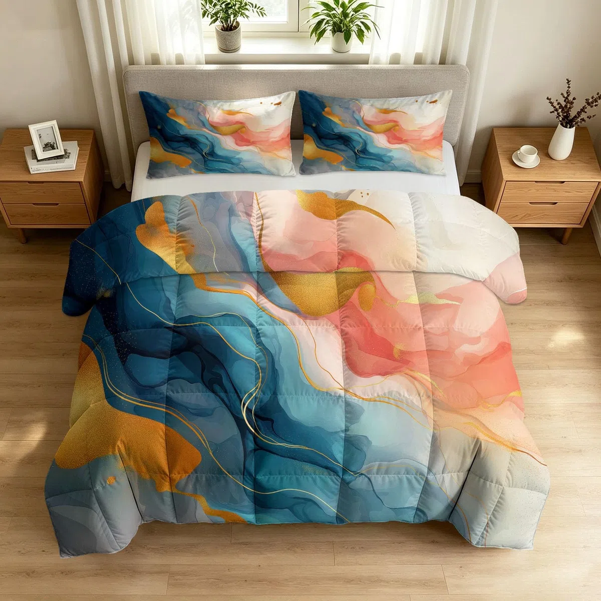 Kołdra 200 x 200 cm bez poszewki – abstrakcyjna nowoczesna pościel na lato, lekka i chłodząca, cienka kołdra pikowana, dla alergików, marmurowy wzór fali, nadaje się do prania, z 2 poszewkami na