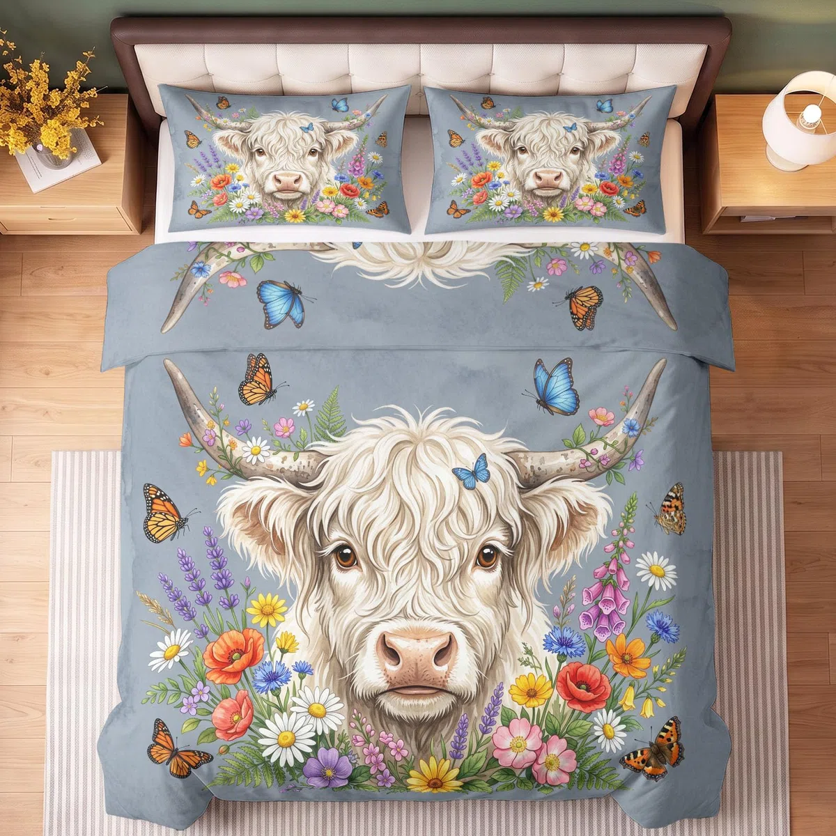 Krowa Highland kwiaty komplet pościeli 240x220 mikrofibra 2 poszewki na