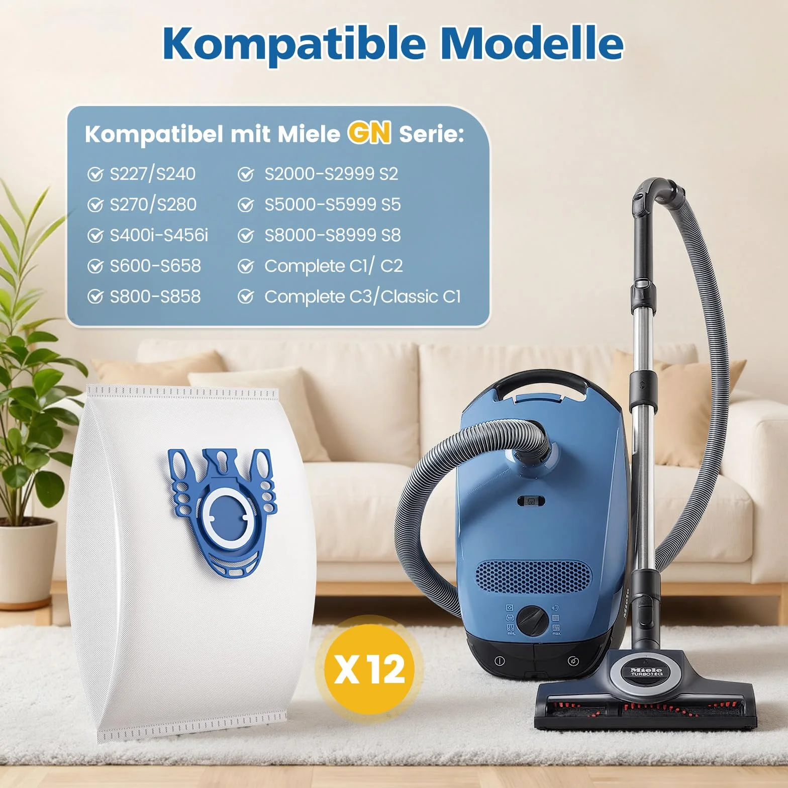 12 SZTUK Worek na kurz do odkurzaczy Miele seria GN S2 S4 S5 S6 S8, Complete C2/C3, Classic C1, S227, S240, S270, S400 z 3 filtrami ochronnymi silnika, 3 filtrami wylotowymi (9917730)