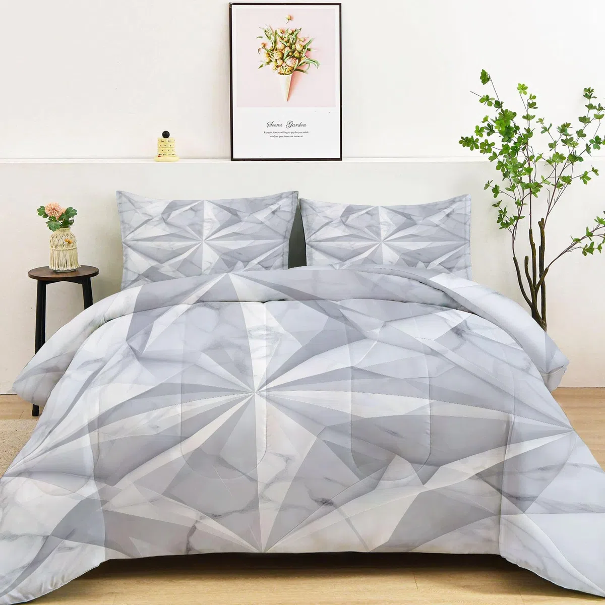 Dwustronny ciepły koc 200 x 200 cm geometryczny biały marmur, miękka kołdra nadająca się do prania złamana biel - lekka kołdra antyroztoczowa dla dzieci, dziewcząt, chłopców i nastolatków
