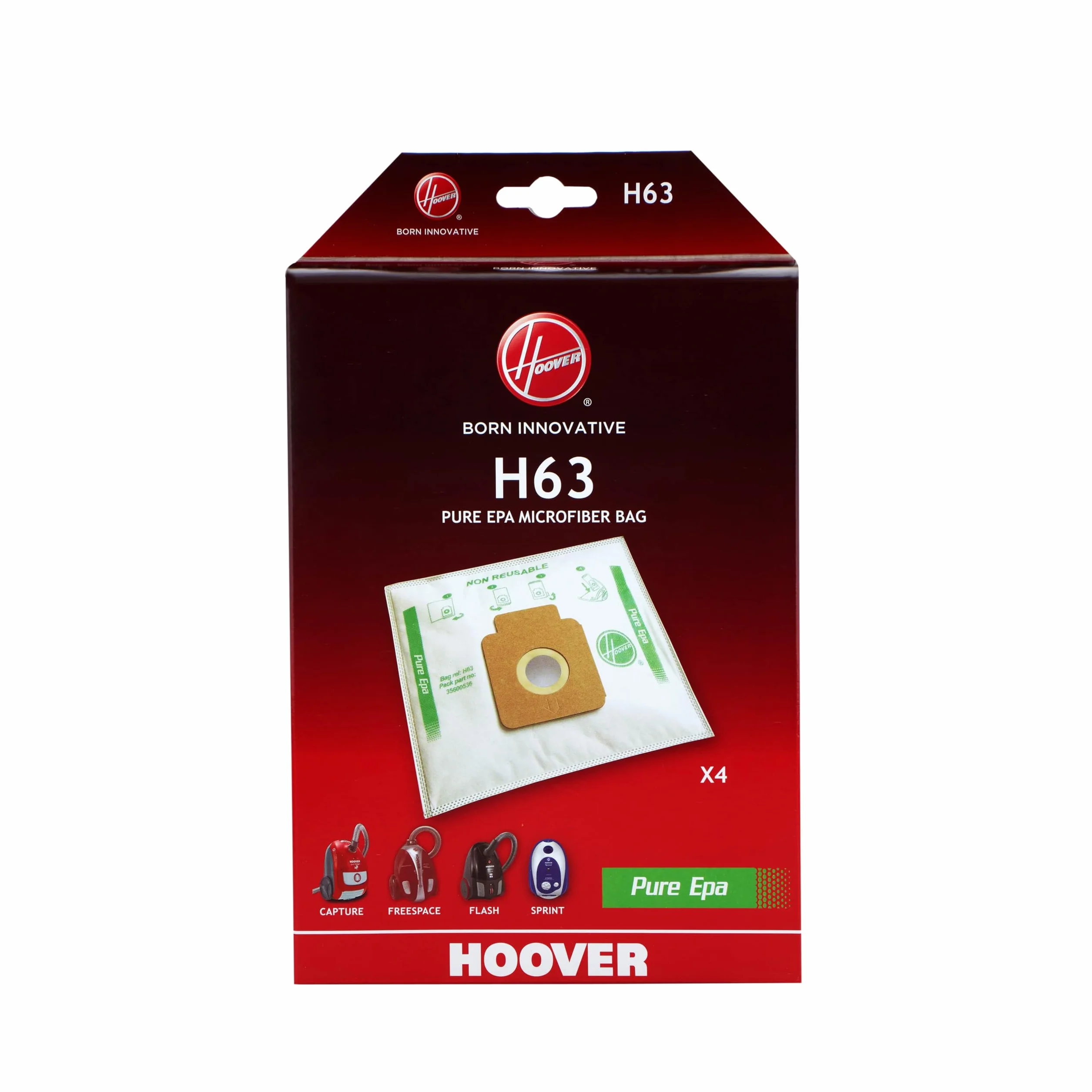 Hoover Torby H63, oryginalne, z mikrofibry, czysta EPA, system antyzapachowy z węglem aktywnym, kompatybilne z Odważnymi Odkurzaczami, Capture, Flash, Freespace, Sprint. 4 szt