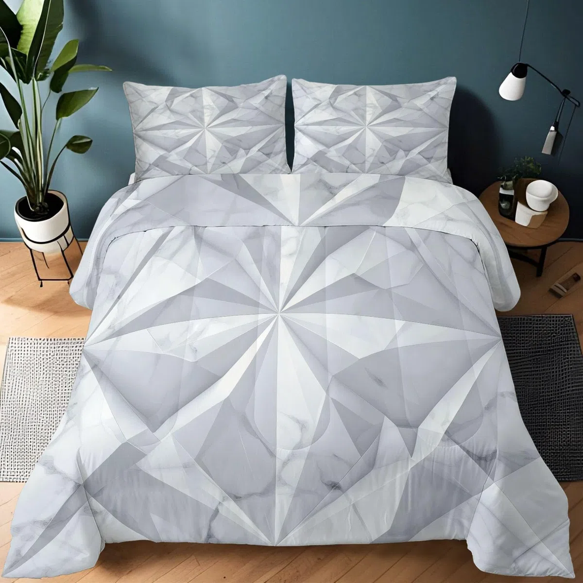Dwustronny ciepły koc 200 x 200 cm geometryczny biały marmur, miękka kołdra nadająca się do prania złamana biel - lekka kołdra antyroztoczowa dla dzieci, dziewcząt, chłopców i nastolatków