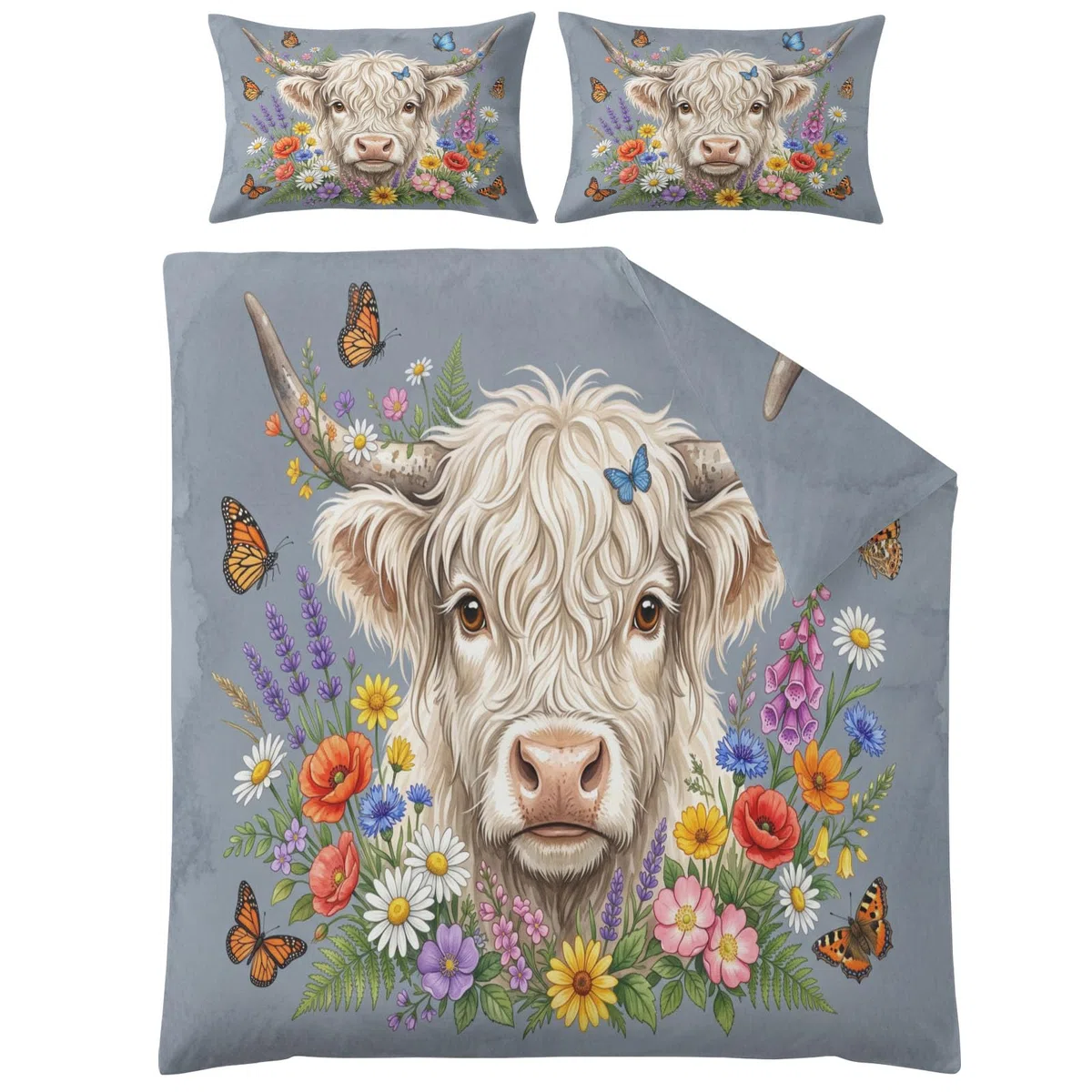 Krowa Highland kwiaty komplet pościeli 240x220 mikrofibra 2 poszewki na
