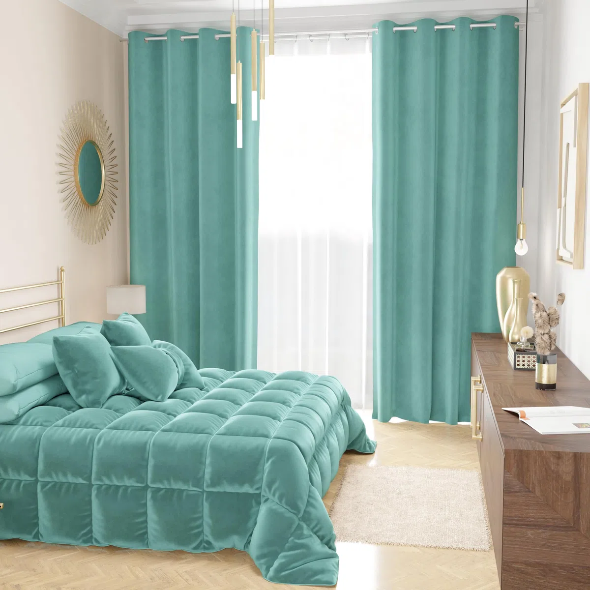PETTI Artigiani Italiani - Kołdra Zimowa na Łóżko 160/180-260 x 270 cm z Weluru, Narzuta Dwustronna Hipoalergiczna 350 g/m², Ciepła Kołdra, Turkus Tiffany, Made in Italy