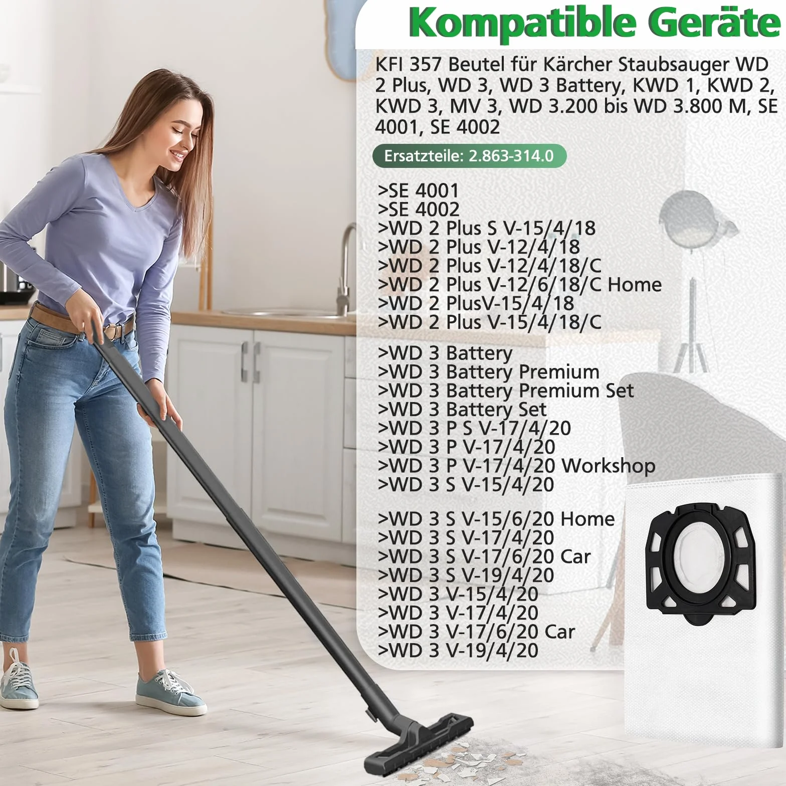 12 sztuk KFI 357 worków do odkurzacza Kärcher WD2Plus/WD3/KWD1 /KWD2/KWD3/MV3/WD3.200-WD3.800M/SE4001/SE4002, zastępuje 2.863-314.0, do odkurzaczy na mokro i sucho z osłoną z tworzywa sztucznego