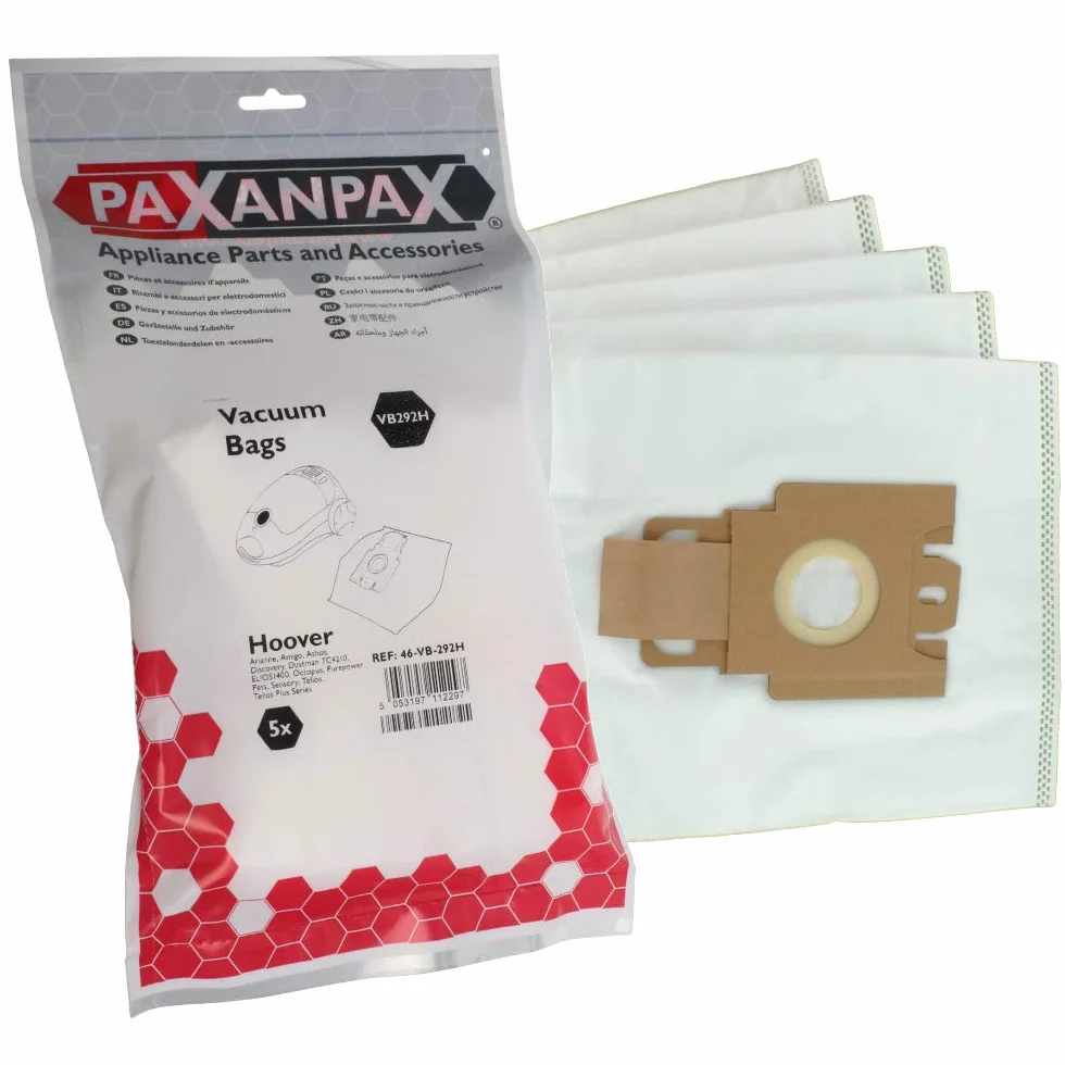 Paxanpax VB292H kompatybilne torby SMS Hoover 'H30S' Arianne, Amigo, Athos, Discovery, Dustman TC4210, Elios 1400, Octopus, Purepower Pets, Sensory, Telios Plus, 5 sztuk
