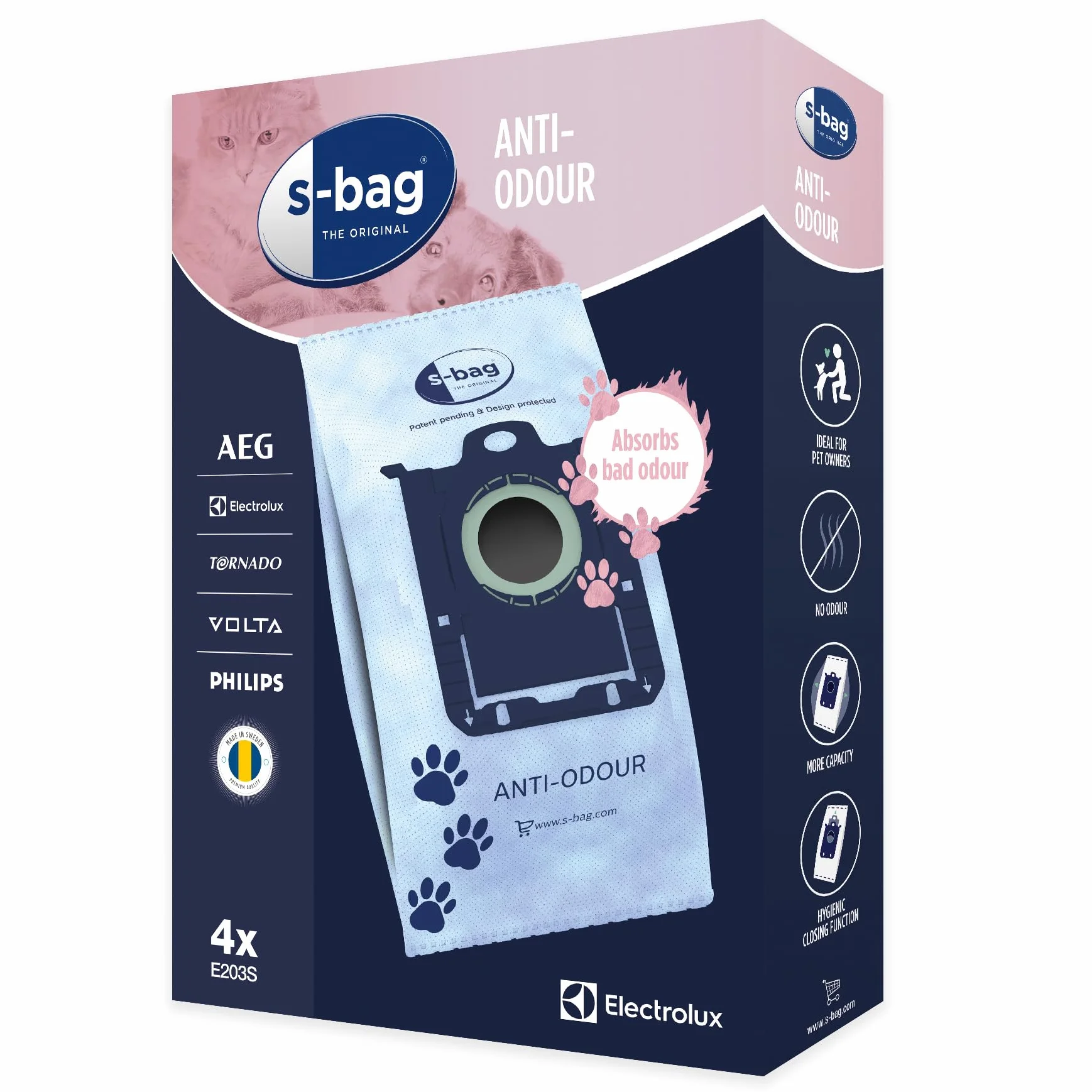 Electrolux Oryginalny syntetyczny worek S-Bag idealny dla właścicieli zwierząt domowych Anti-Odour, 4 worki, E203S