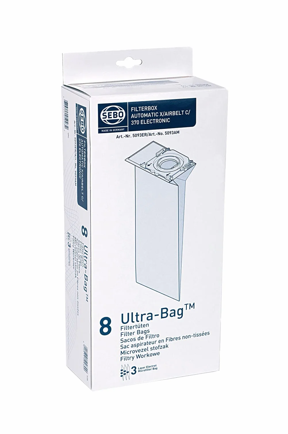 Sebo 5093ER pojemnik filtrujący do Sebo Automatic X/XP, Airbelt C, 370, G / 3-warstwowy z higieniczną pokrywką / 8 ultra Bag, biały