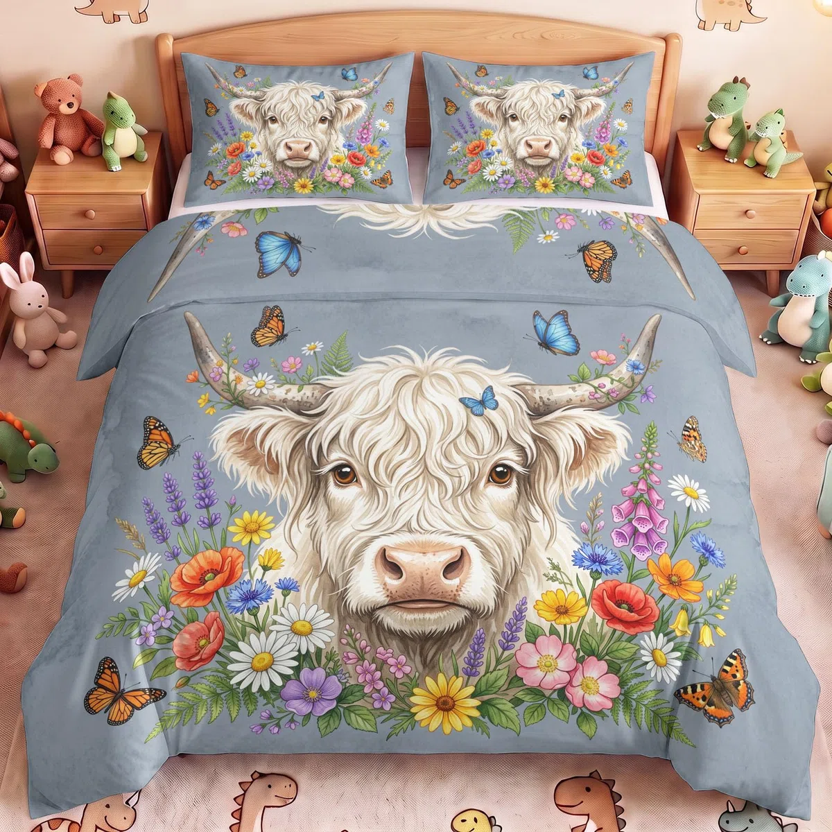 Krowa Highland kwiaty komplet pościeli 240x220 mikrofibra 2 poszewki na