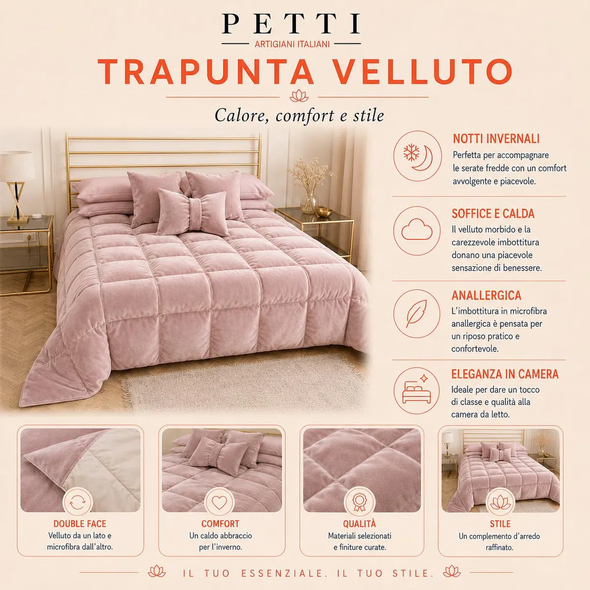 PETTI Artigiani Italiani - Kołdra Zimowa na Łóżko 160/180-260 x 270 cm z Weluru, Narzuta Dwustronna Hipoalergiczna 350 g/m², Ciepła Kołdra, Turkus Tiffany, Made in Italy