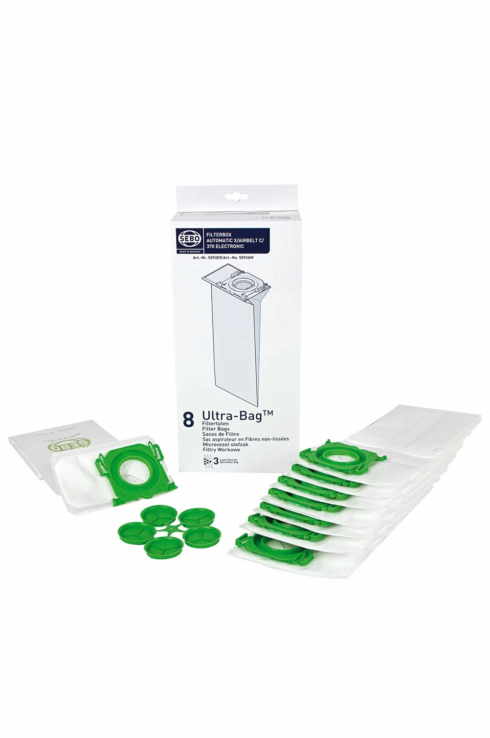 Sebo 5093ER pojemnik filtrujący do Sebo Automatic X/XP, Airbelt C, 370, G / 3-warstwowy z higieniczną pokrywką / 8 ultra Bag, biały