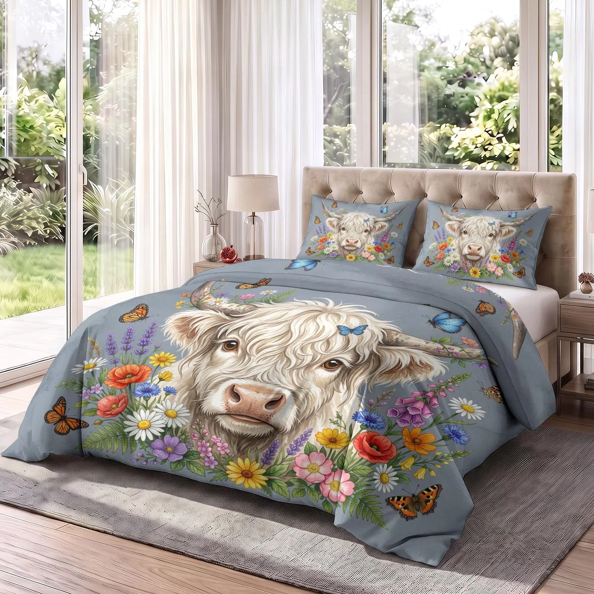 Krowa Highland kwiaty komplet pościeli 240x220 mikrofibra 2 poszewki na